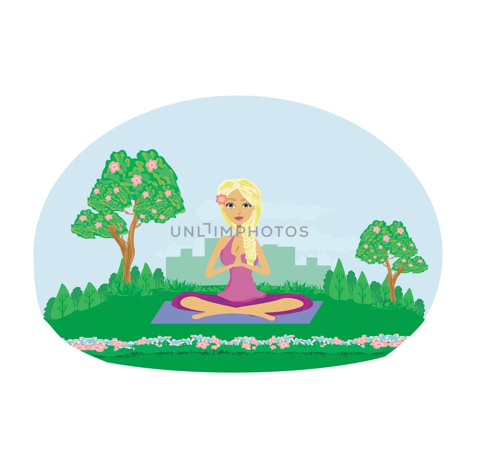 beautiful young blonde girll meditates in nature