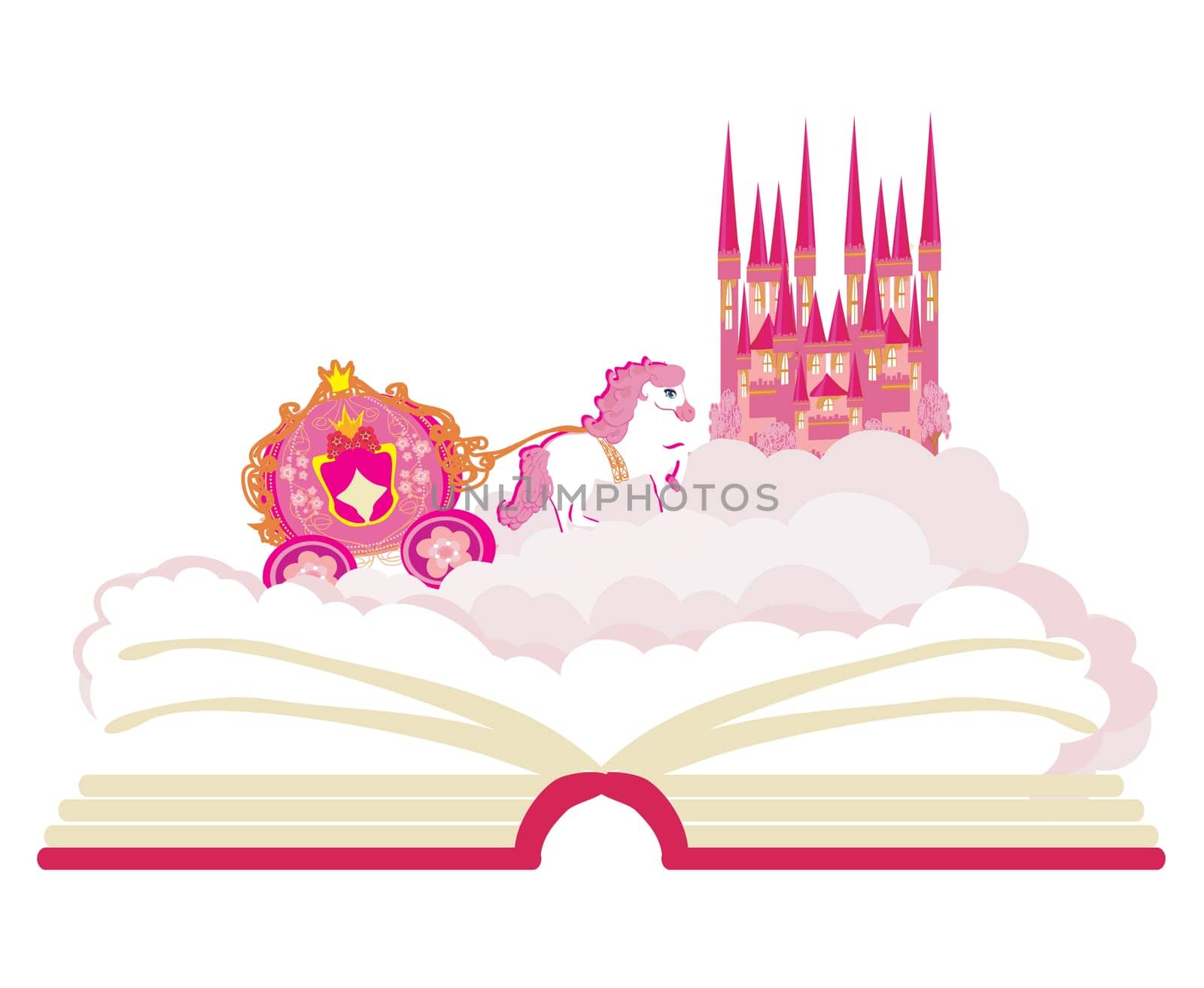 Magic world of tales, fairy castle appearing from the book