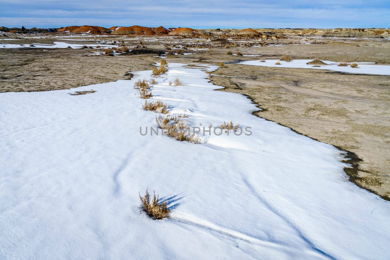 Scenic view of Bisti De-Na-Zin Wilderness area in New Mexico in winter