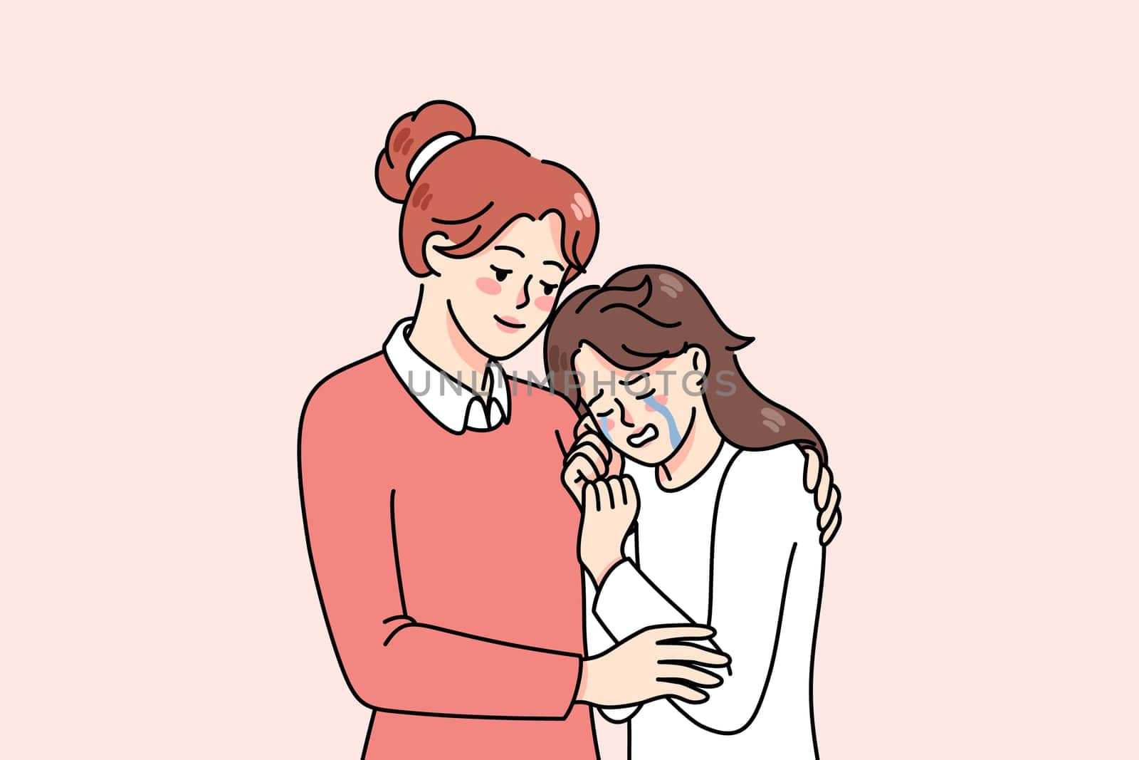 Loving mom hug comfort crying teen daughter