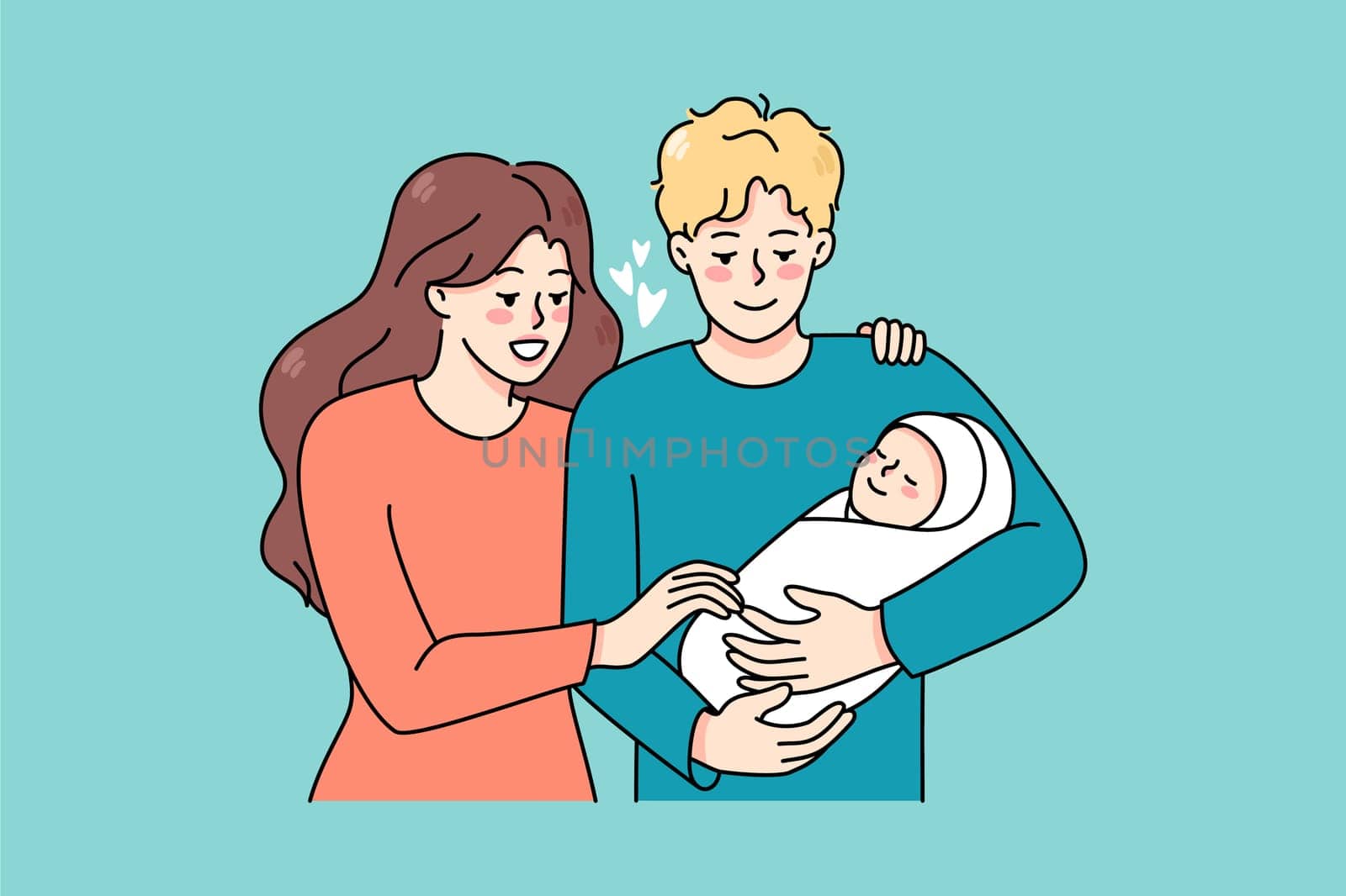 Happy young family with newborn baby enjoy parenthood together. Smiling parents hold in arms infant child show love and care. Fla vector illustration, cartoon character.