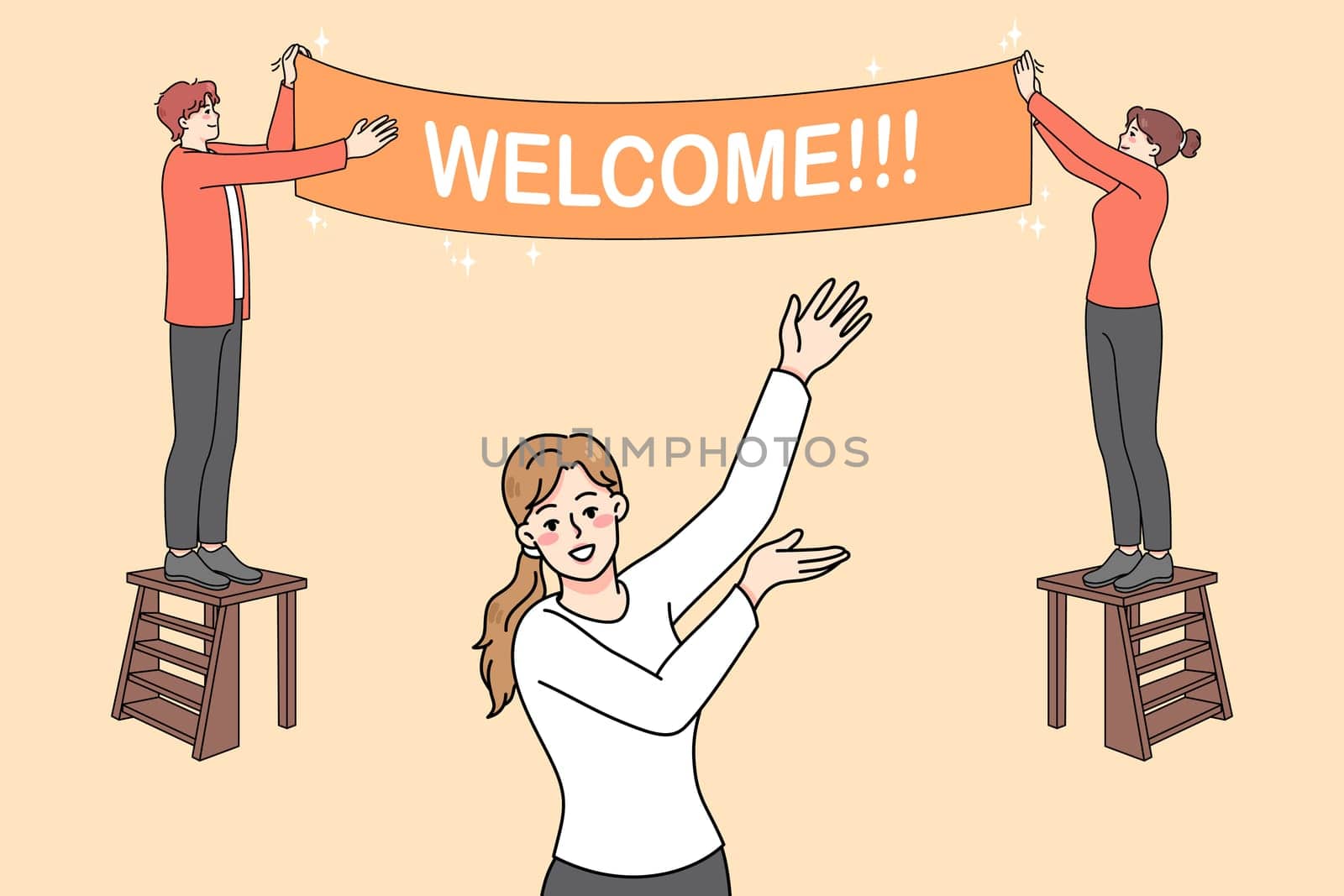 Happy people hanging Welcome banner inviting visitors to party or celebration. Smiling hosts decorating house entrance welcoming customers or passer-by. Vector illustration.