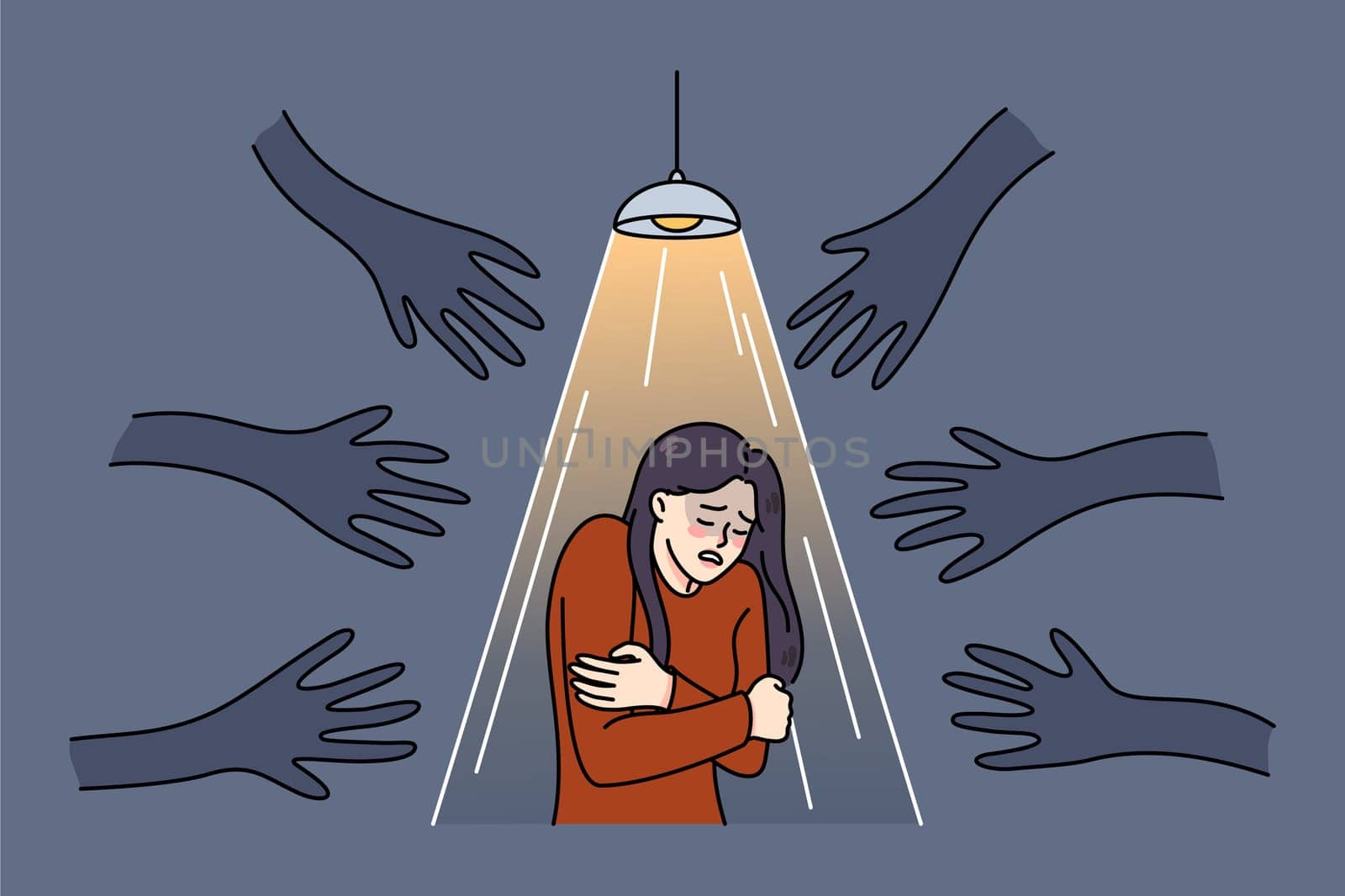 Terrified woman stand under spotlight haunted by numerous black hands. Unhappy scared girl suffer from psychological problems, have fears and anxiety. Vector illustration.
