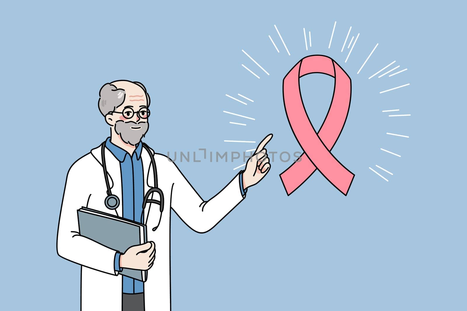 Old male doctor in white medical uniform point at pink ribbon raise awareness of oncology. Man oncologist talk about cancer and treatment. Healthcare and medicine. Vector illustration.