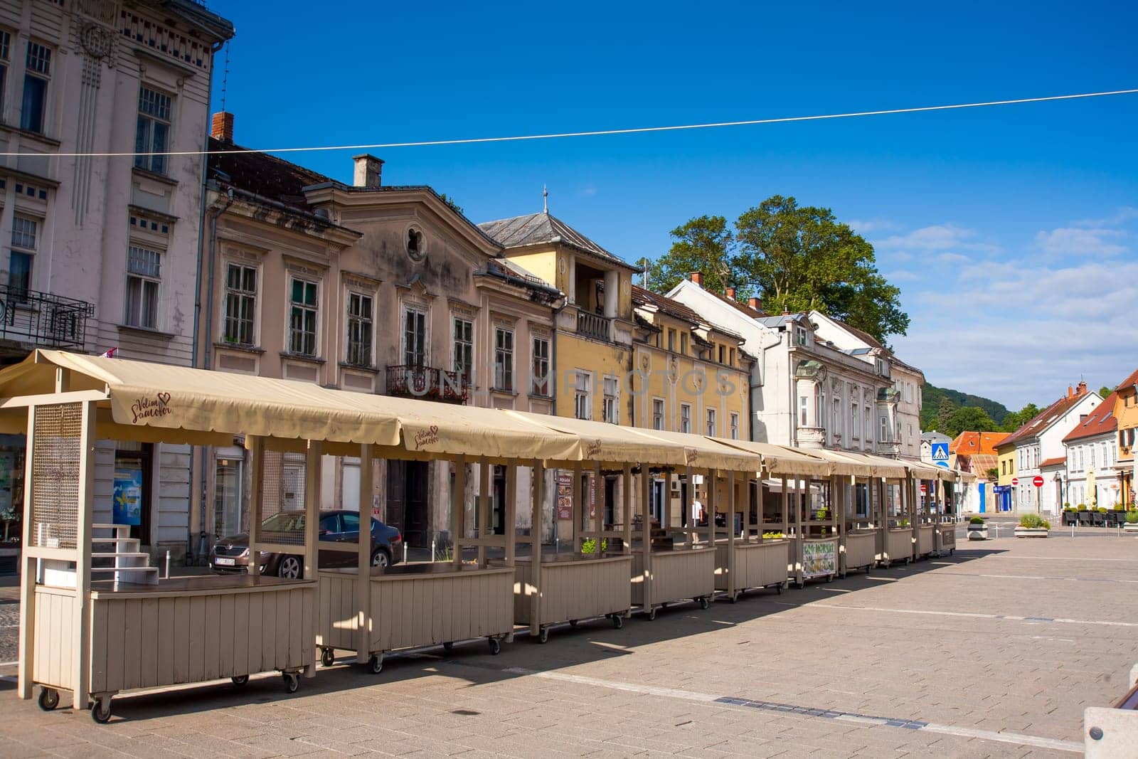 SAMOBOR, CROATIA-May 22, 2022: The City center of Samobor, with its church in the background, is a tourist attraction because of a ruined castle on a nearby hill.