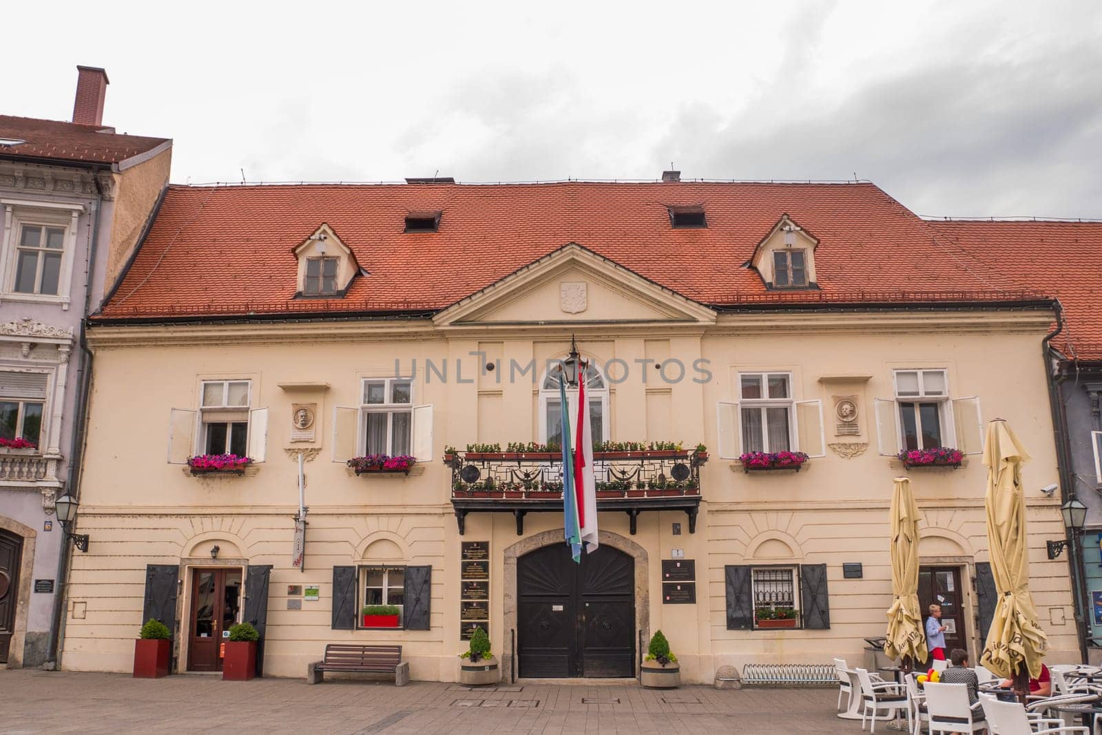 SAMOBOR, CROATIA-May 22, 2022: The City center of Samobor, with its church in the background, is a tourist attraction because of a ruined castle on a nearby hill.