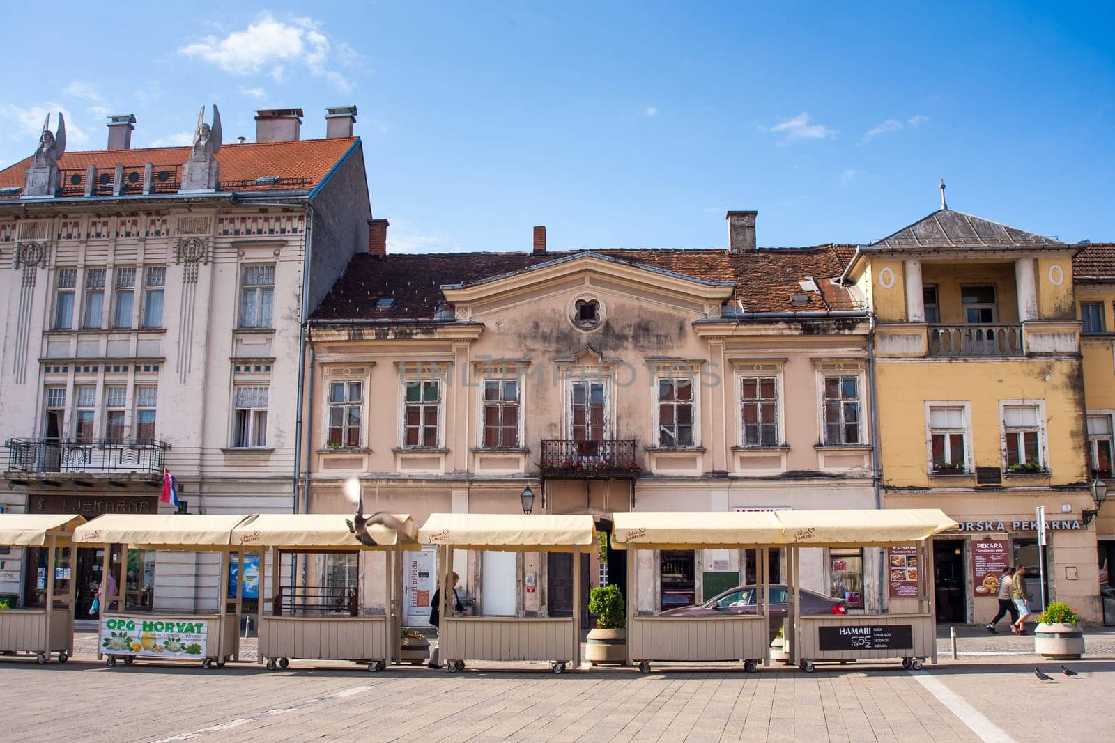 SAMOBOR, CROATIA-May 22, 2022: The City center of Samobor, with its church in the background, is a tourist attraction because of a ruined castle on a nearby hill.