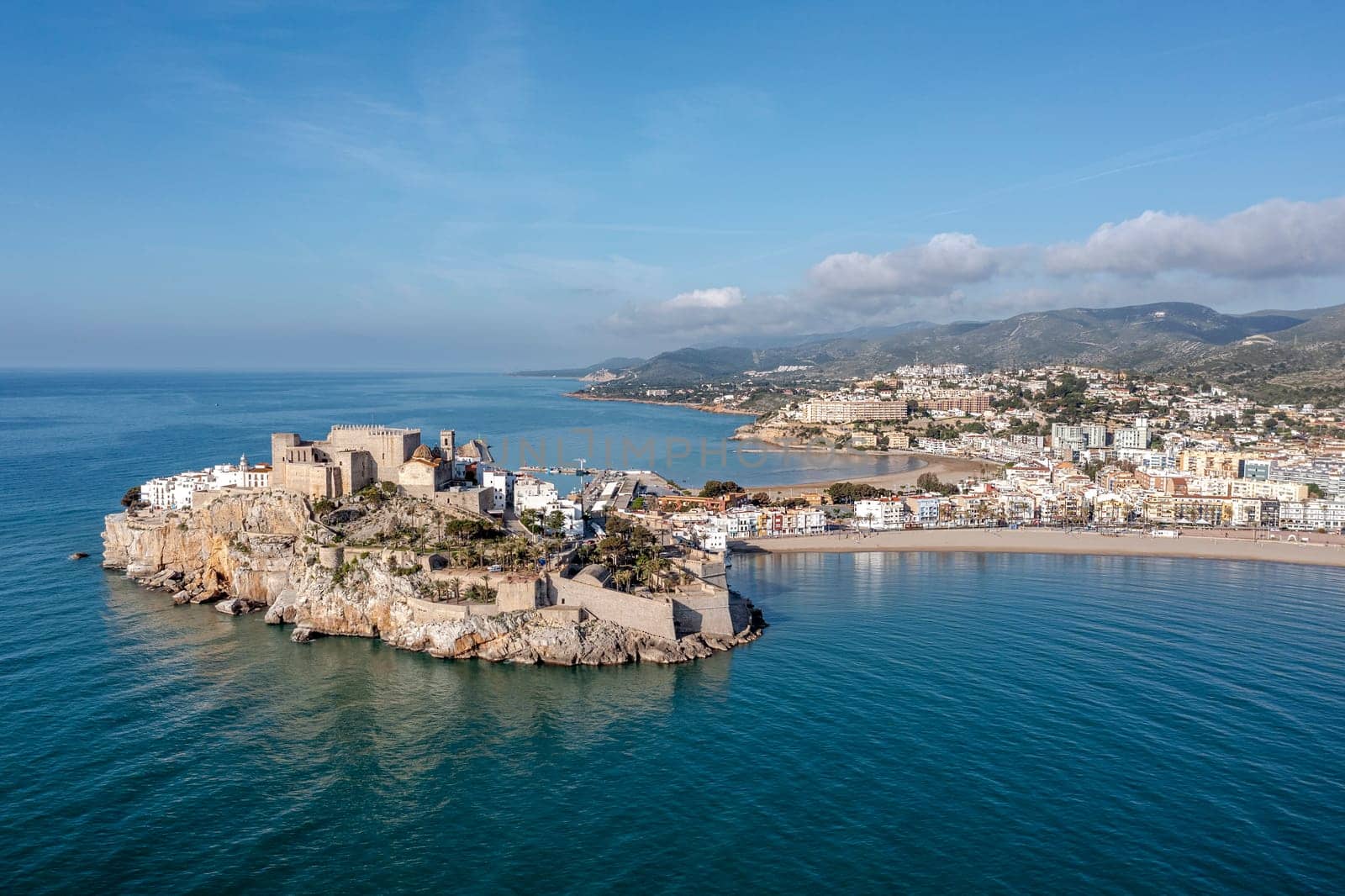 Two beaches in Peniscola, Castellon, Spain, Aerial panoramic view