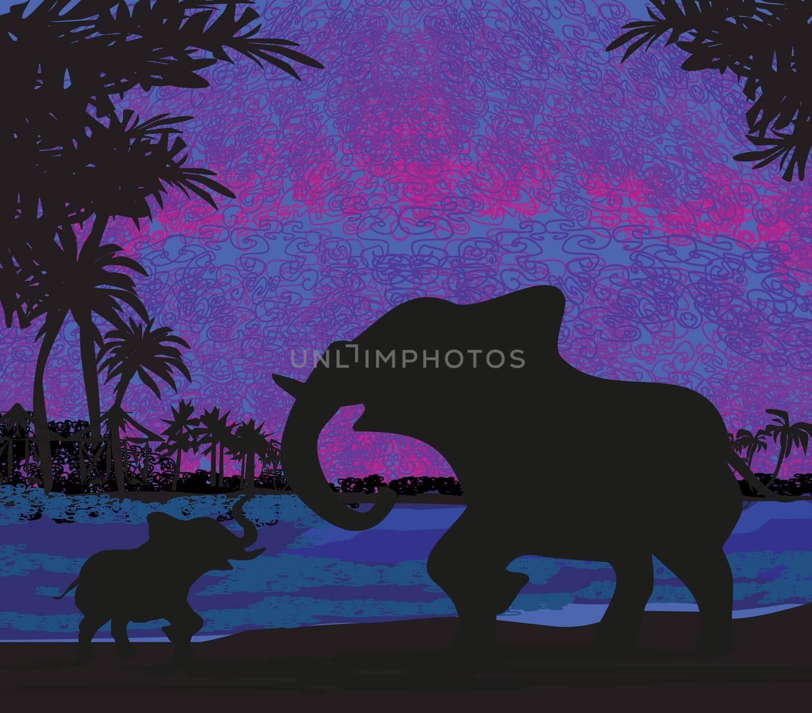 Elephants Enjoy a Sunset