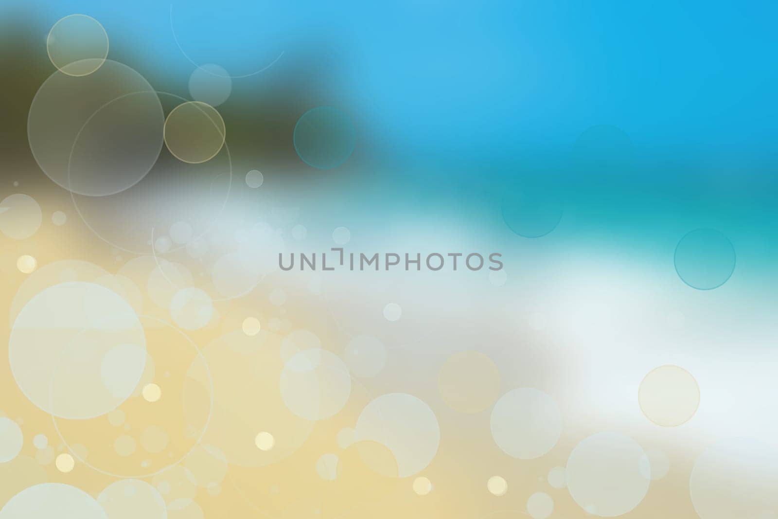 Abstract sea background. Abstract tropical sandy summer beach background with bokeh lights on light blue sky and sun. Beautiful texture. Space.