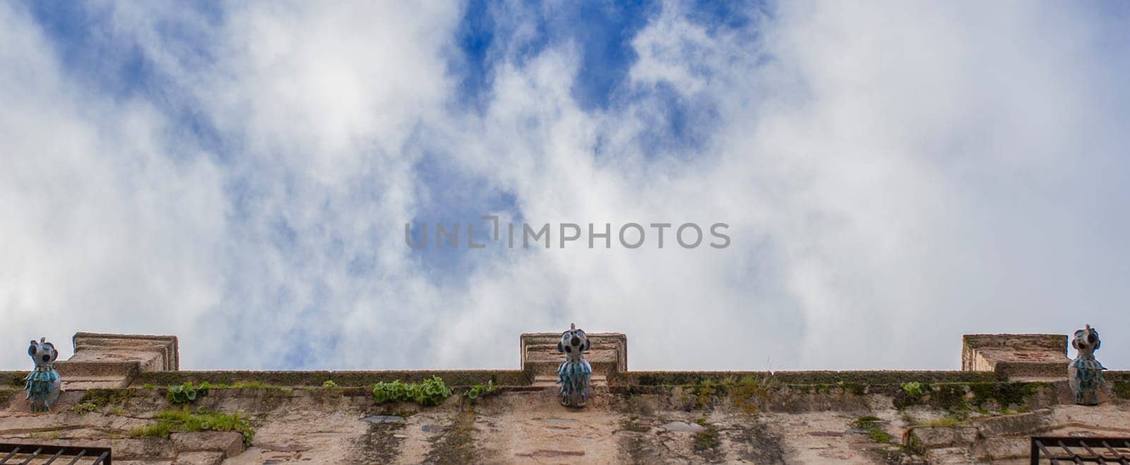 Porcelain gargoyles of Palace of Weathervanes, Caceres historic quarter, Extremadura, Spain