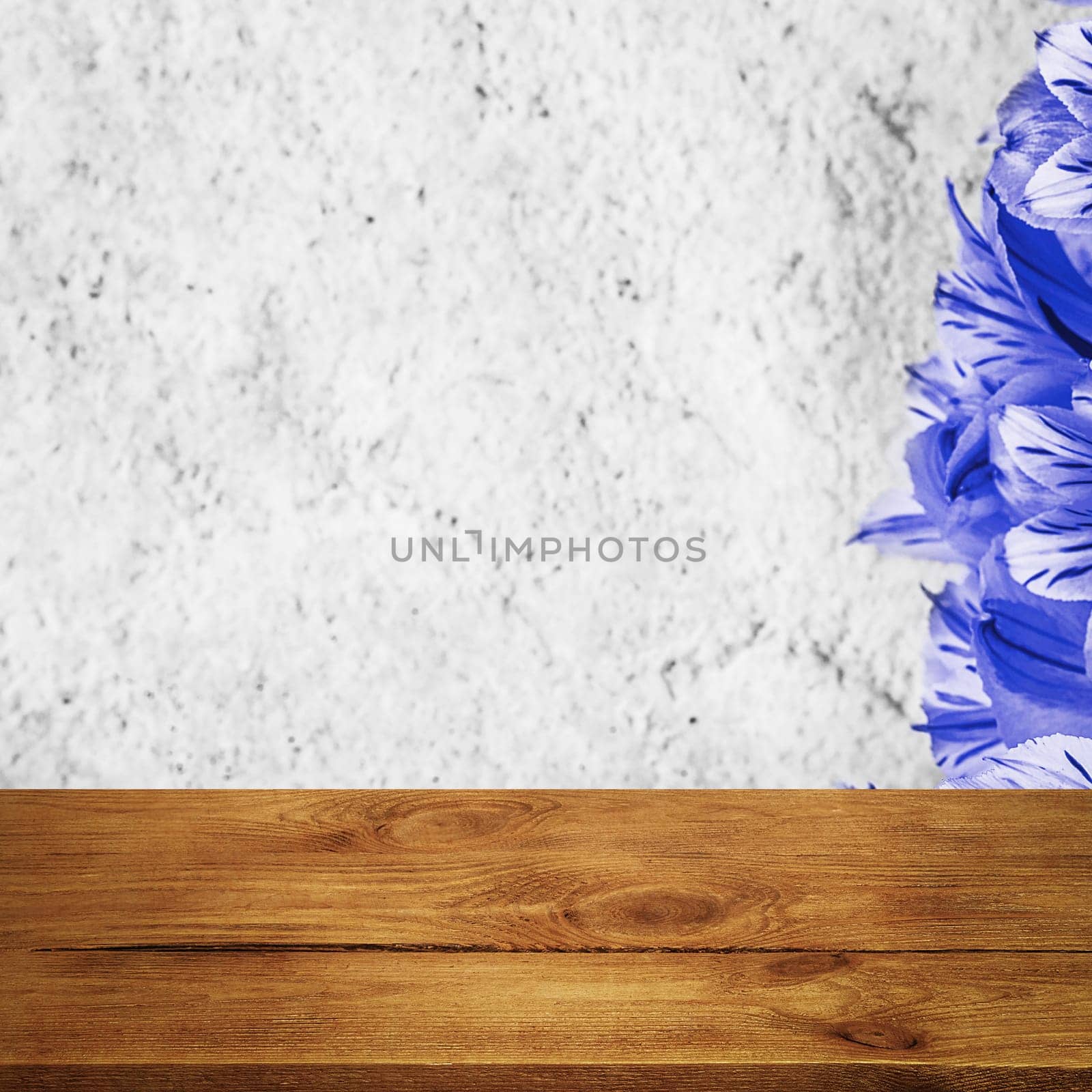 Background flowers on a textured stucco wall and blank wooden planks in the foreground. For product demonstrations, free space, layout, mockup, perspective board, background board.