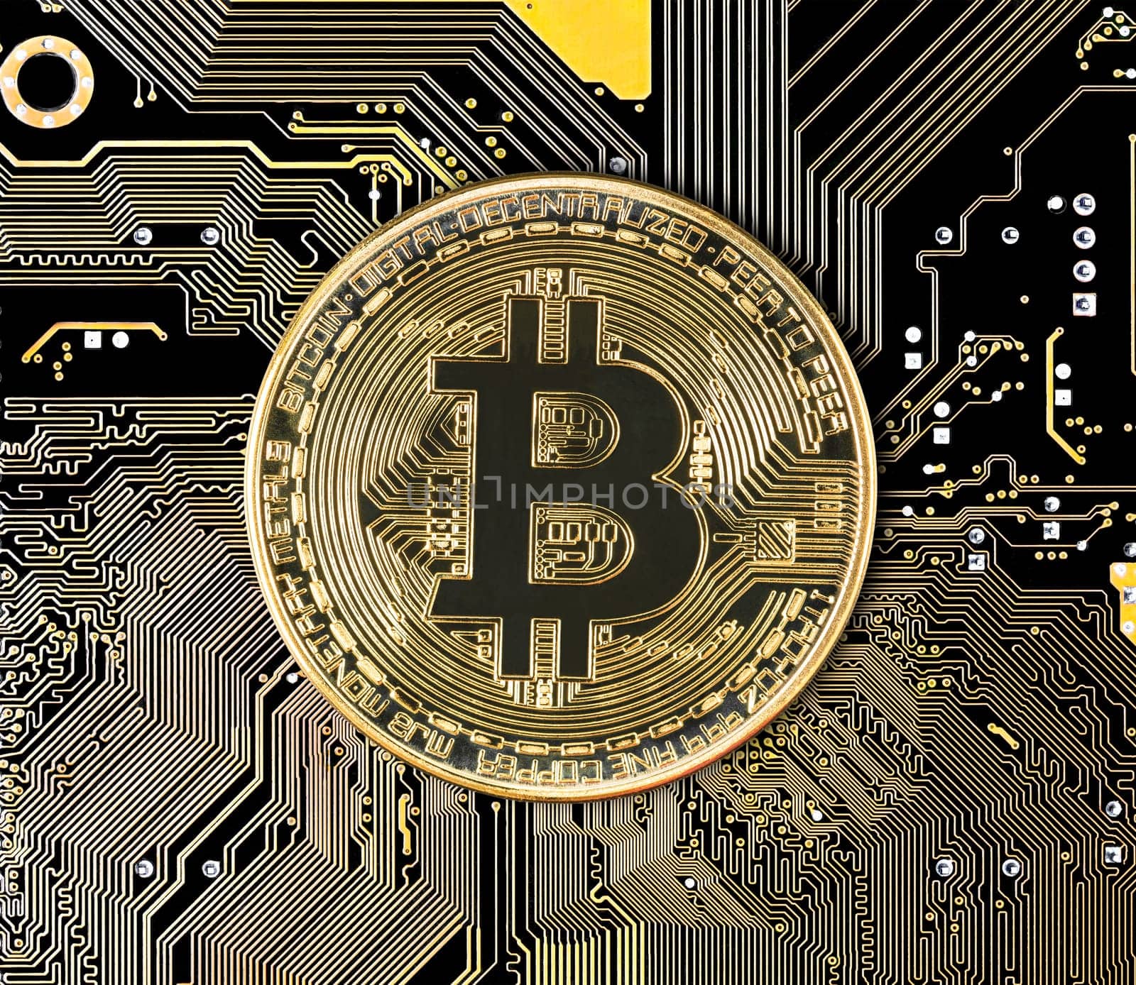 Blockchain technology bitcoin mining concept. Cryptocurrency bitcoin coin on circuit board