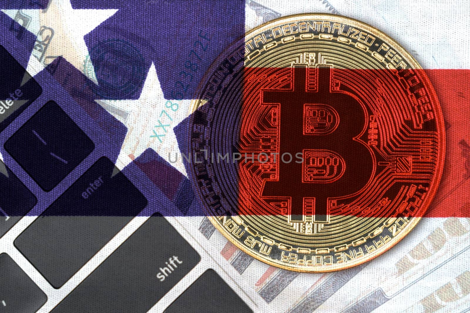 Golden Bitcoins coin and  US banknotes and keyboard computer. Close up of metal shiny bitcoin crypto currency coins and US dollar flag