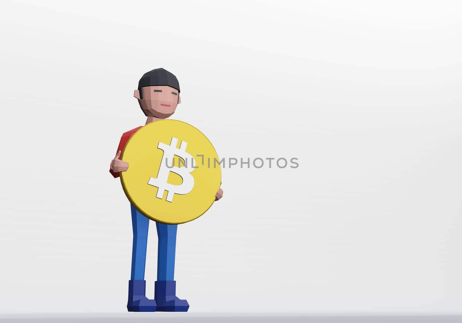 3d render of cartoon dummy holding a bitcoin for crytocurrency concept.