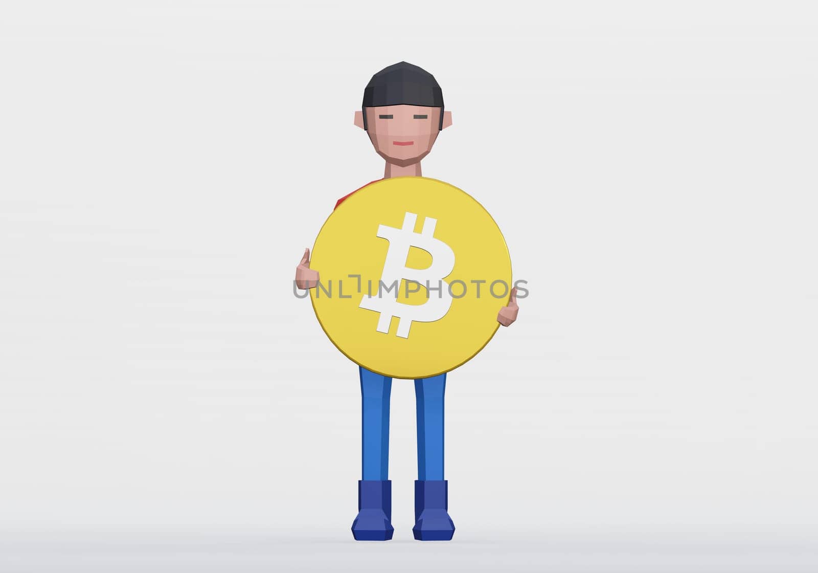 3d render of cartoon dummy holding a bitcoin for crytocurrency concept.