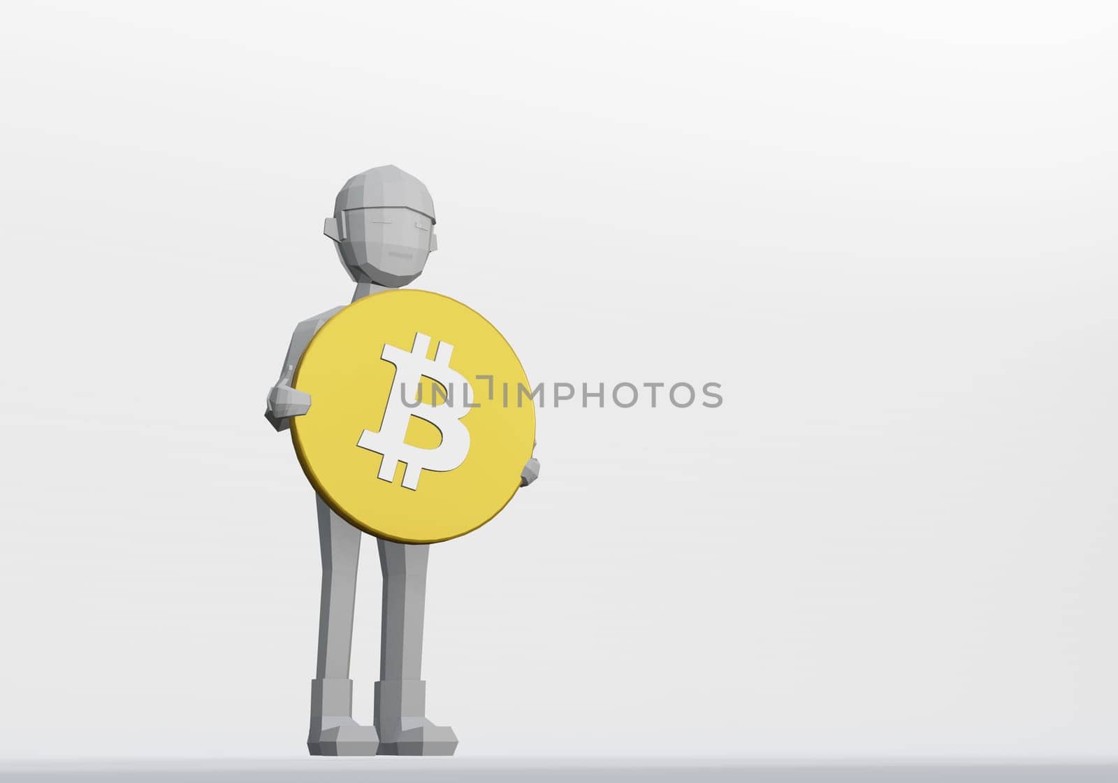 3d render of cartoon dummy holding a bitcoin for crytocurrency concept.