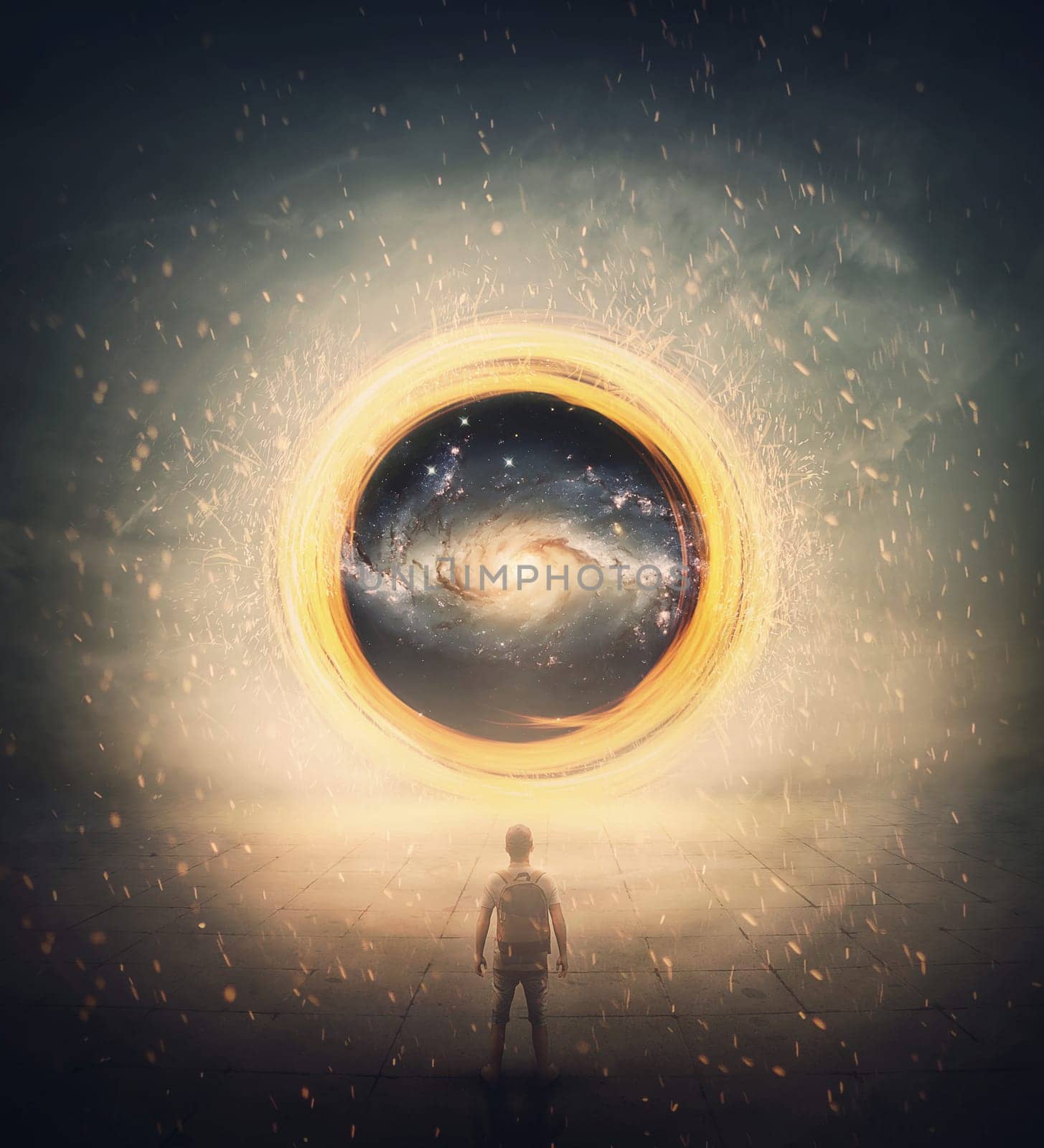 Surreal portal for teleportation as an abstract glowing circular twirl with spinning sparks. Mystery scene with a man finding a entry to another galaxy. Magical wormhole entrance, time travel