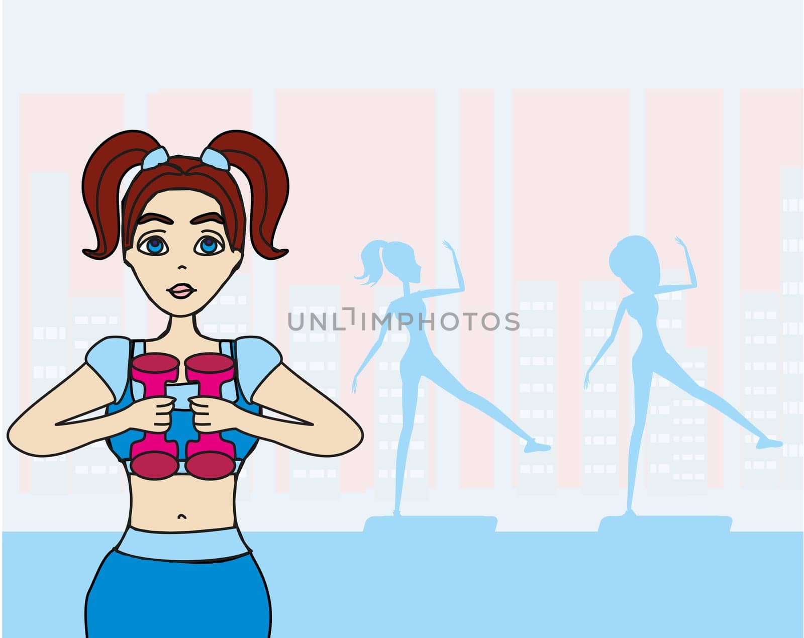 Fit brunette woman exercising with two dumbbell in the gym