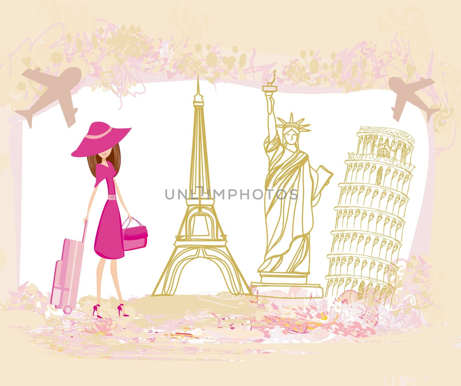 Travel girl design with different monuments