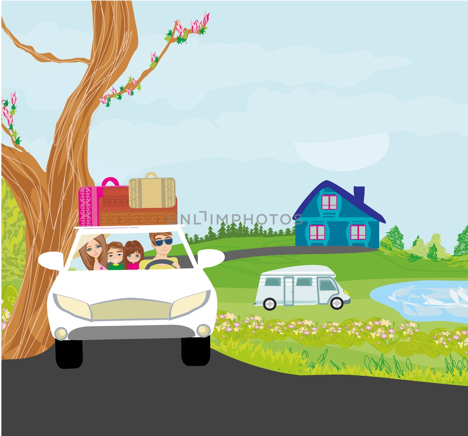 family traveling in a car
