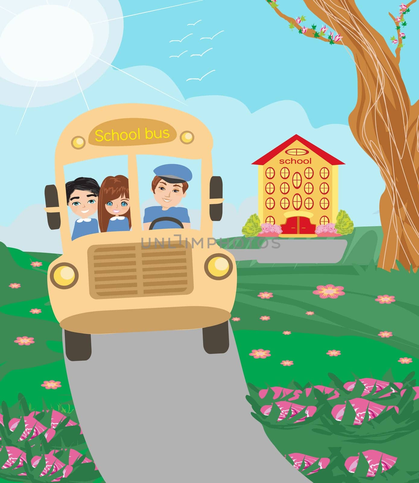 School bus with happy children