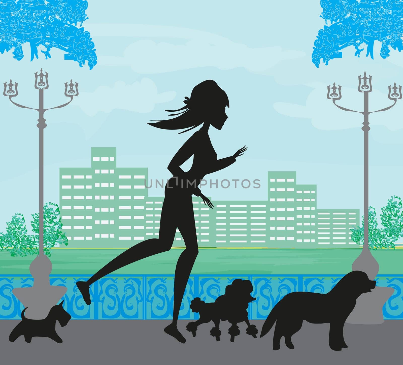 Girl Jogging with Dogs