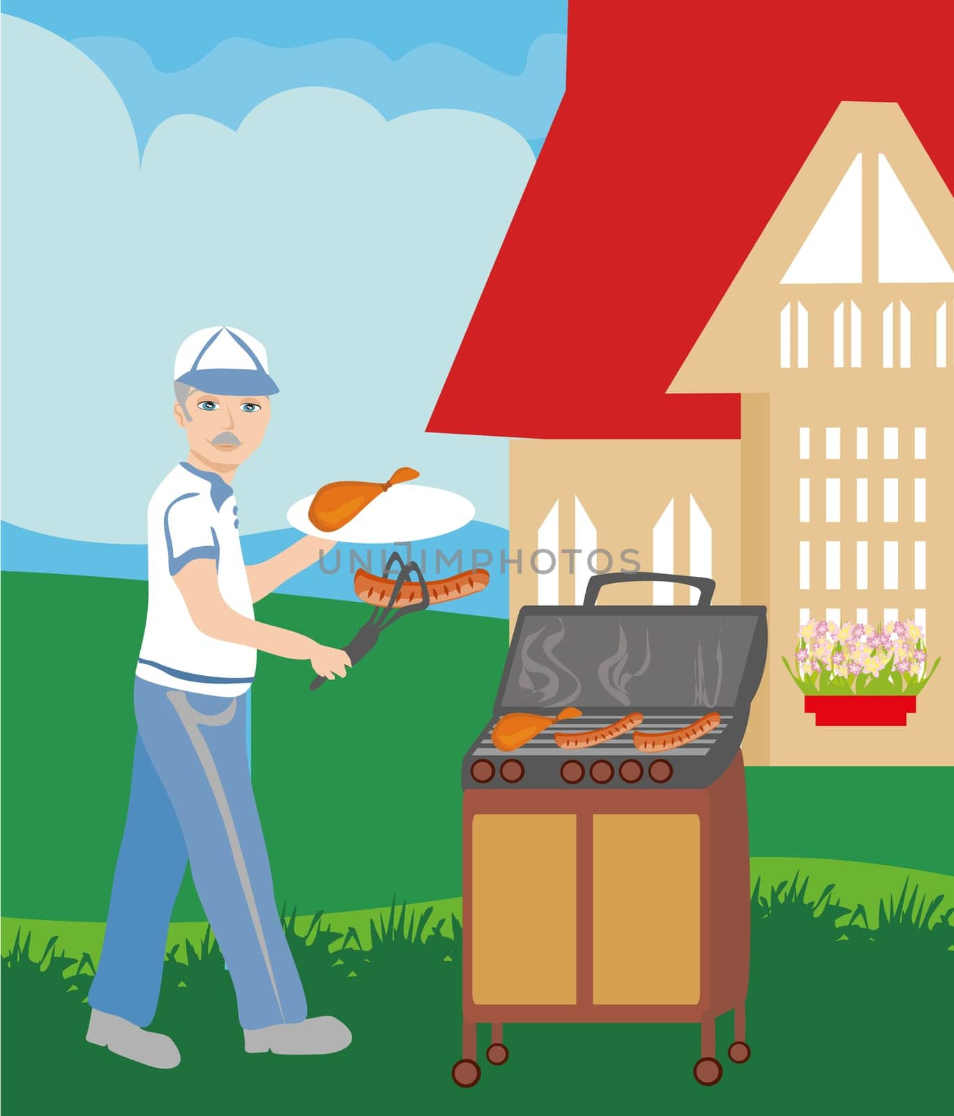 Man Cooking Sausages on Grill