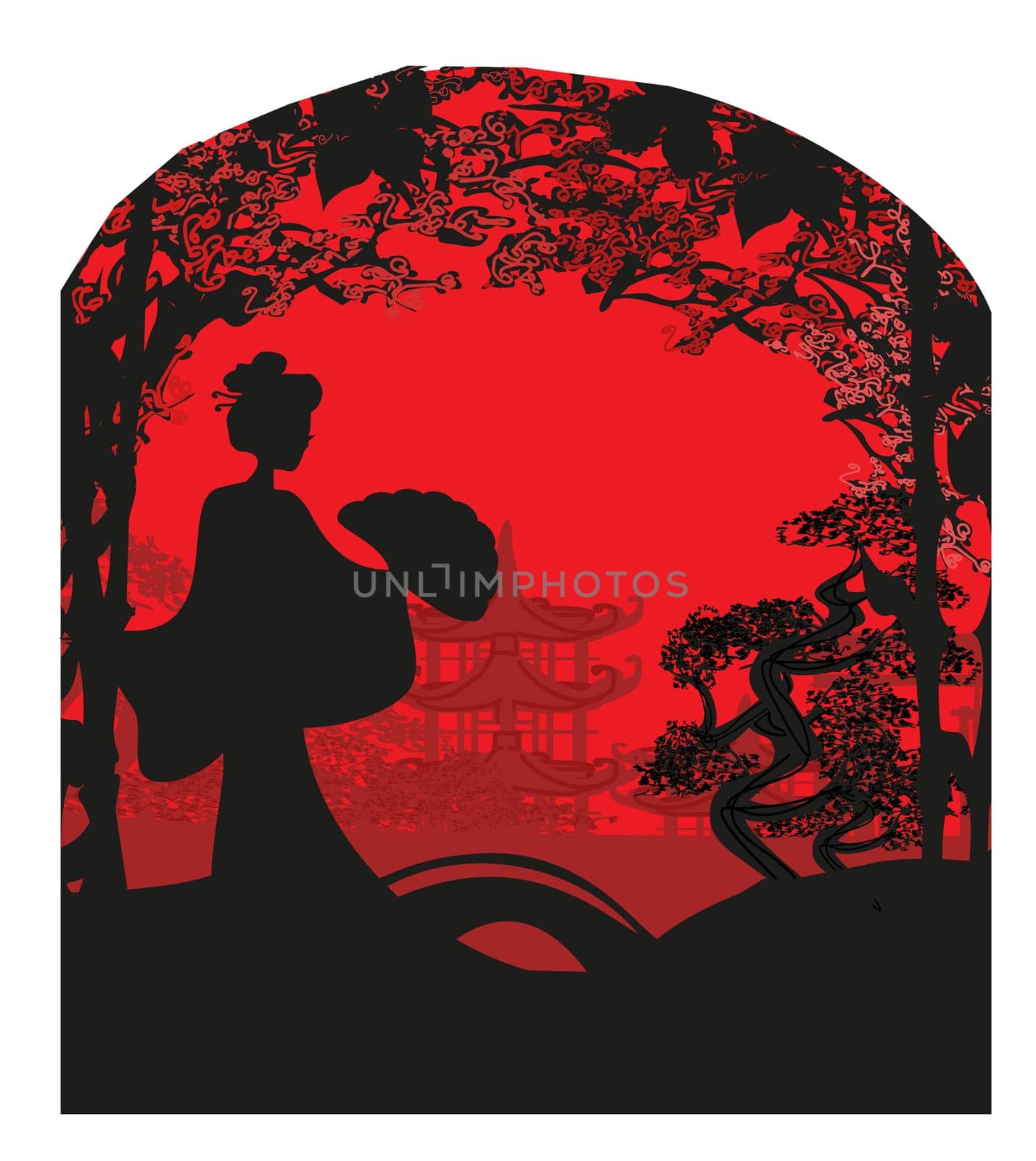 abstract landscape card with Asian girl