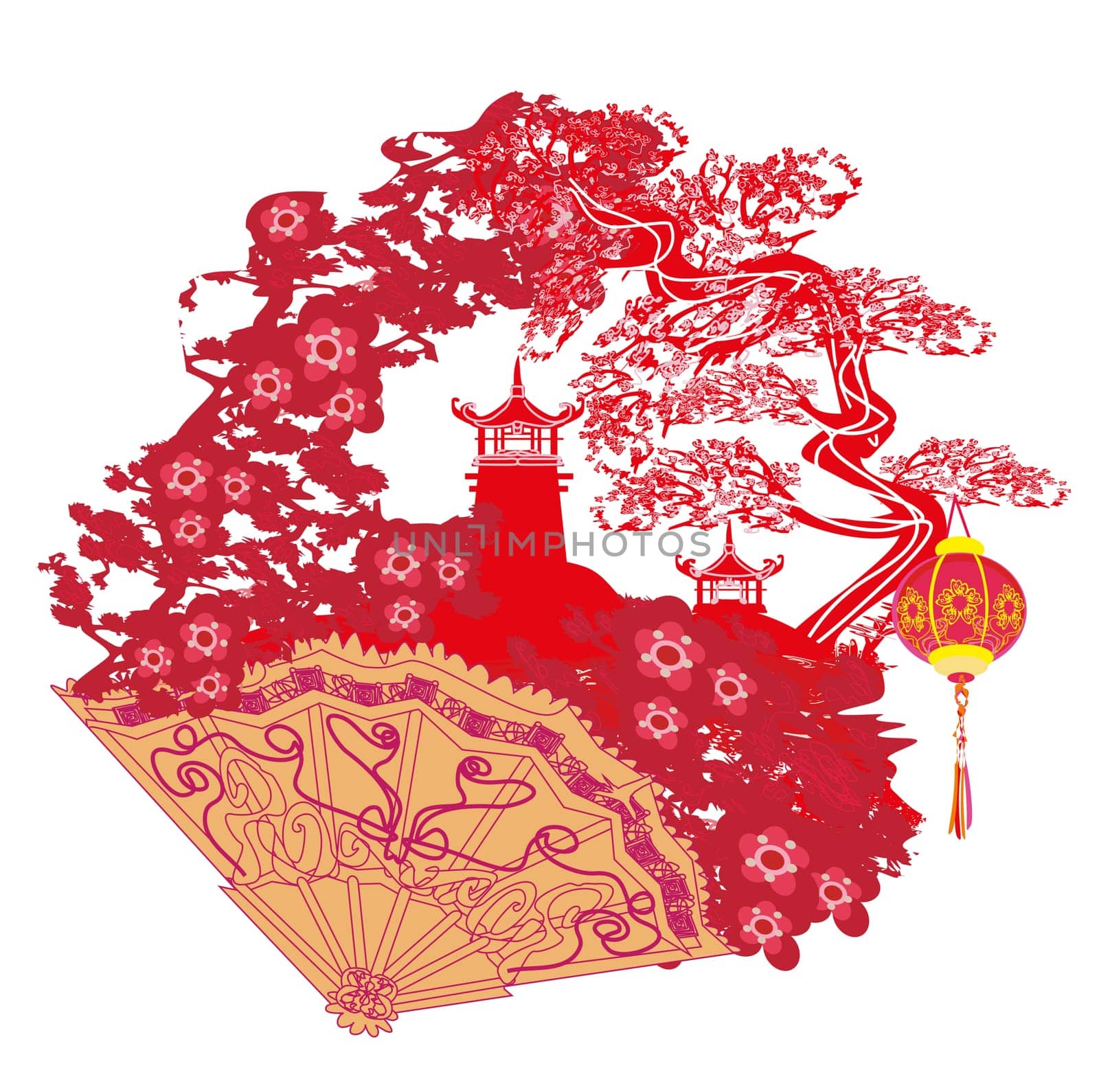 Chinese landscape and beautiful fan