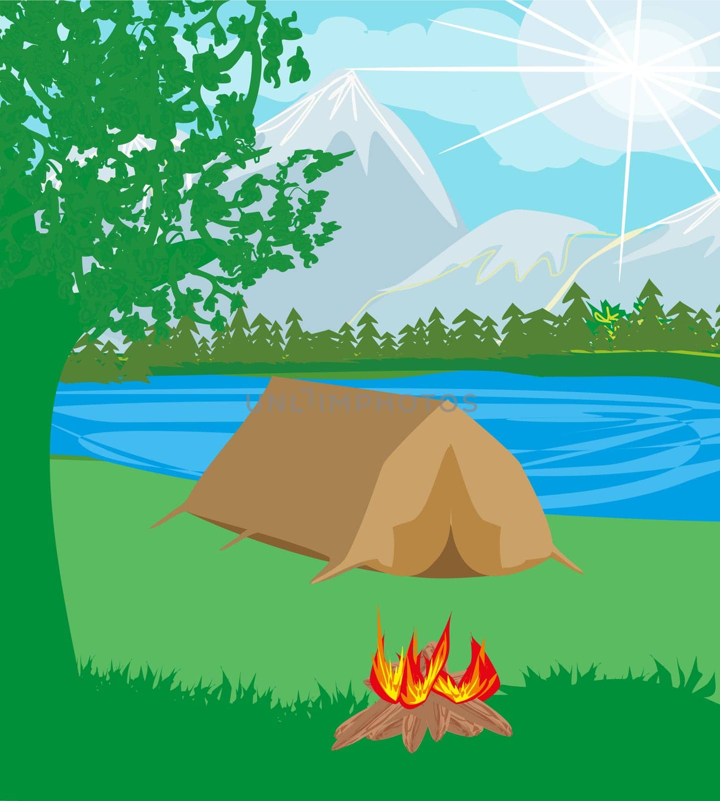 Summer landscape tent and bonfire