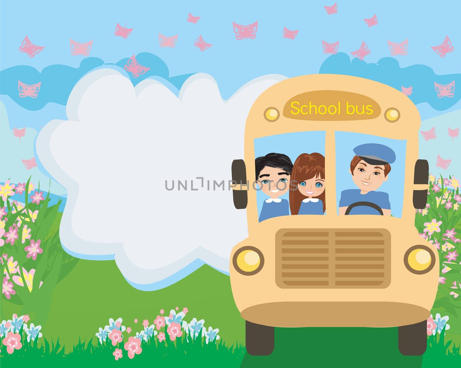 School bus with happy children
