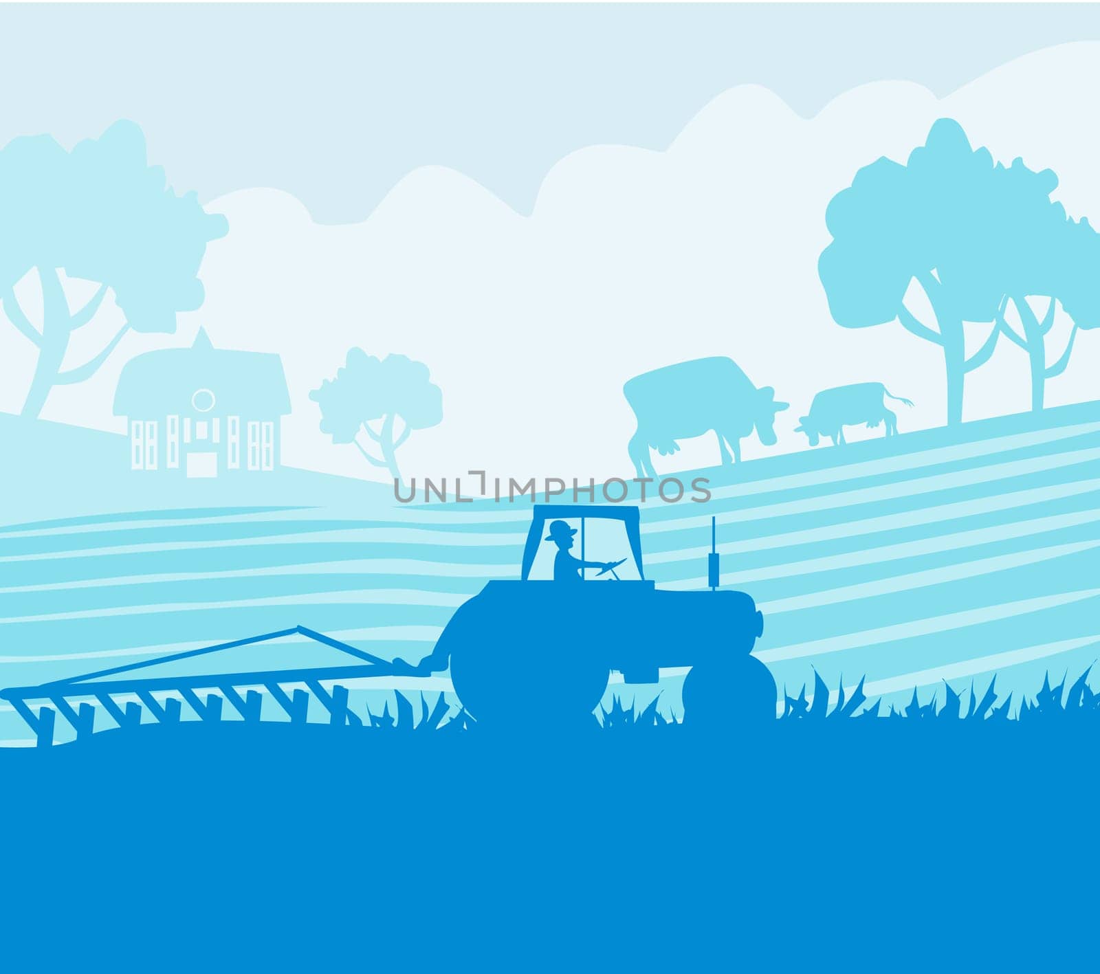 Rural landscape - tractor and cows