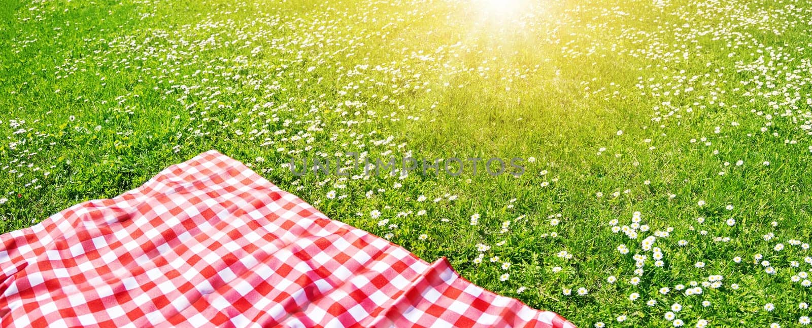 Picnic duvet on the meadow with green grass and spring flowers. Concept of tourism and leisure.