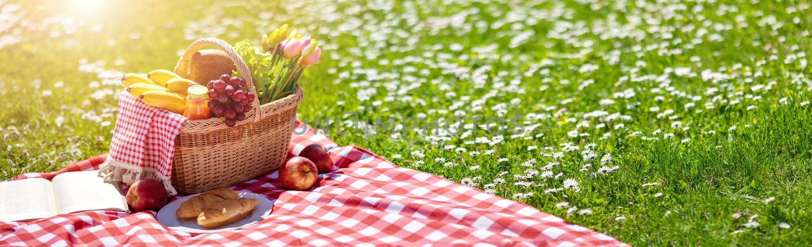 Picnic bascket on the duvet on the meadow in the nature. Concept of leisure, romantic dinner and family weekend.
