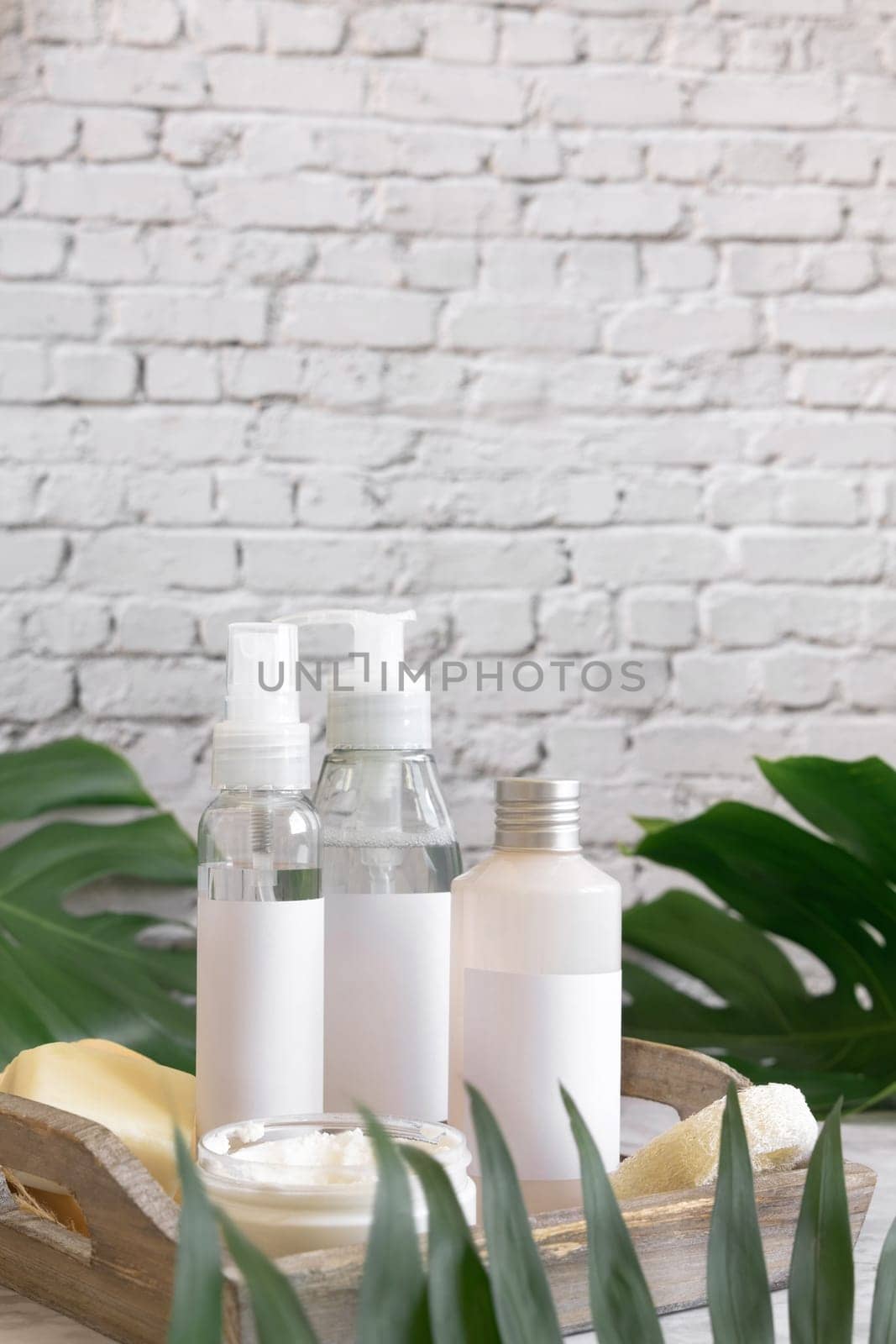 Cosmetic bottles and skin care accessories near green monstera leaves close up against white brick wall. Brand packaging mockup. Organic beauty products. Natural homemade cosmetic ..