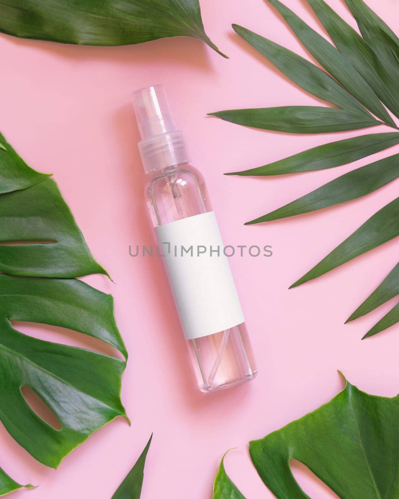 One pump transparent Bottle between tropical leaves on pink top view. Dispenser packaging mockup. Natural herbal cosmetics concept - skincare beauty product, cleaner or toner..