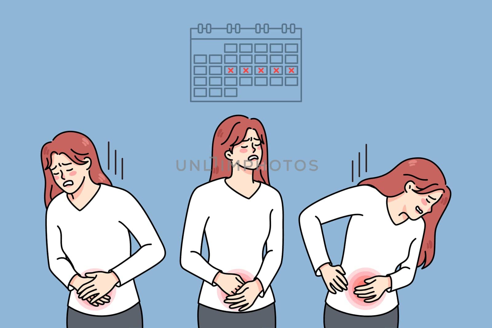 Unhealthy woman suffer from painful menstruation. Unwell female struggle with stomach ache during periods, need painkiller. Feminine health concept. Vector illustration.