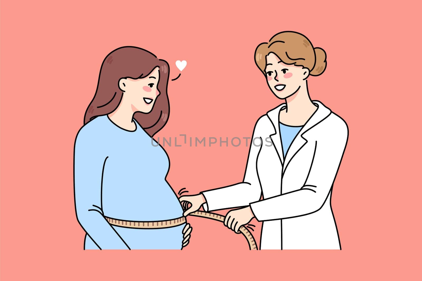 Caring nurse measuring pregnant woman belly with tape. Gynecology doctor do checkup of future mom during appointment in clinic. Healthy pregnancy concept. Vector illustration.