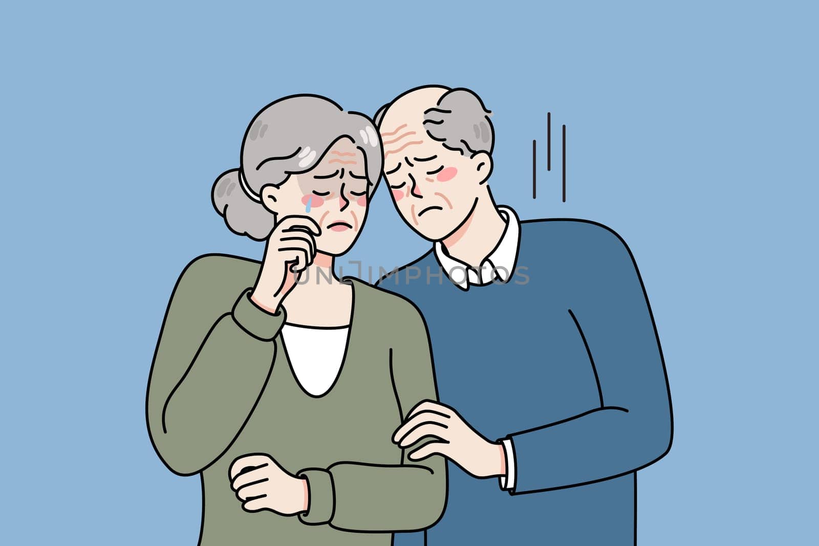 Unhappy elderly man and woman cuddle feel sad and lonely on maturity. Upset lonely mature couple crying mourning or grieving. Senior grandparents in despair. Vector illustration.
