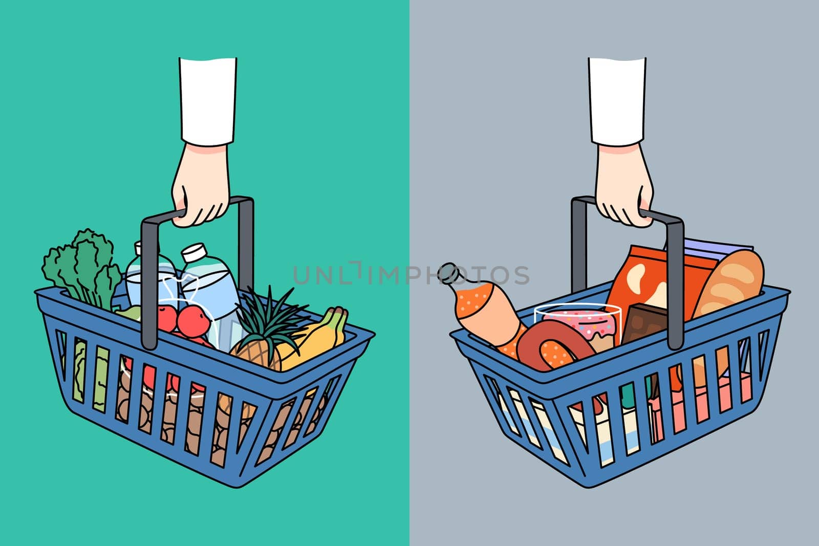 Shopping baskets with healthy and unhealthy food. Nutritious wholesome and harmful junk meal choice. Bad and good grocery abundance. Flat vector illustration.