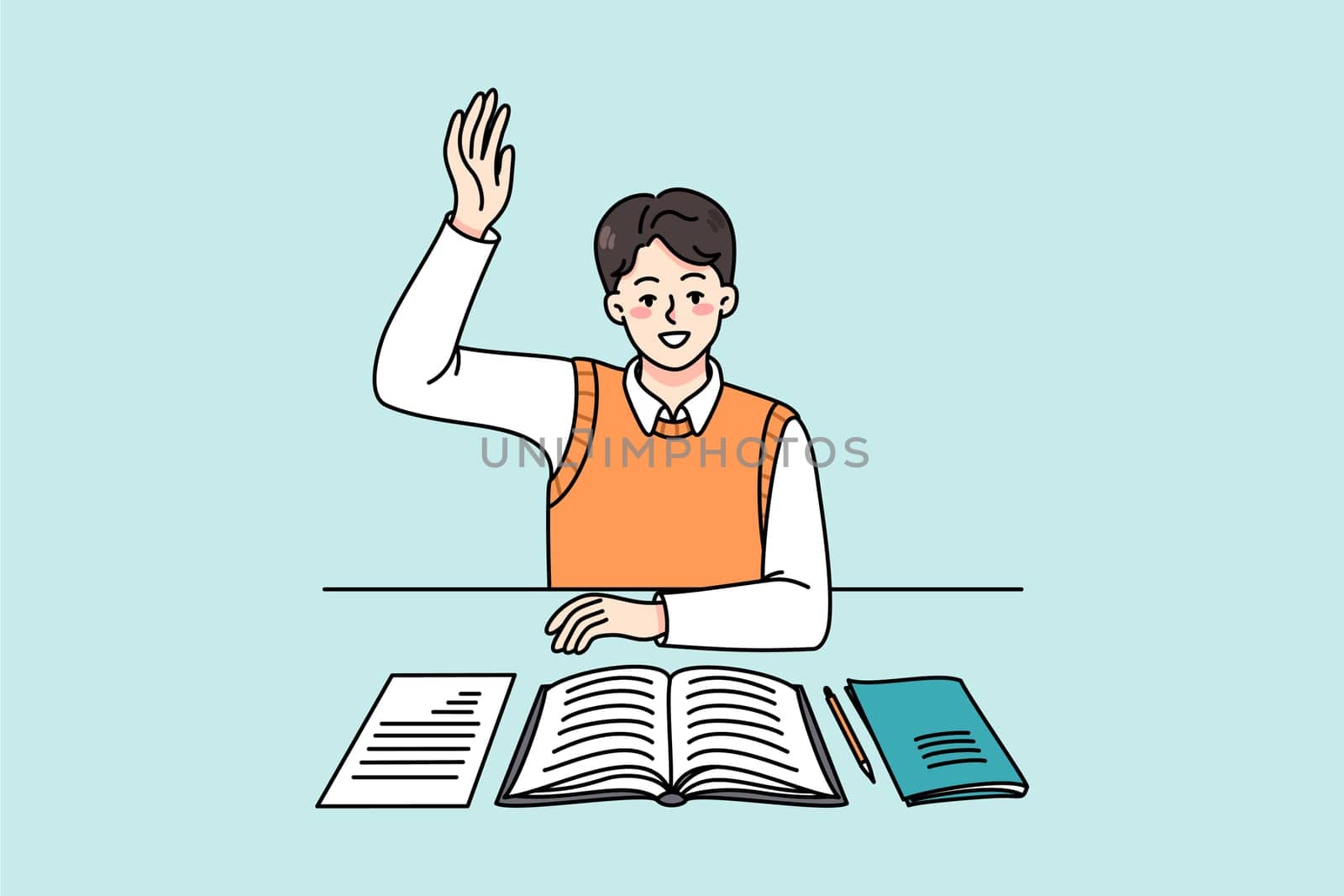 Active schoolboy sitting at desk in class raise hand volunteer to answer. Smart boy child participate in discussion at lesson. Clever kid at class. Education concept. Vector illustration.