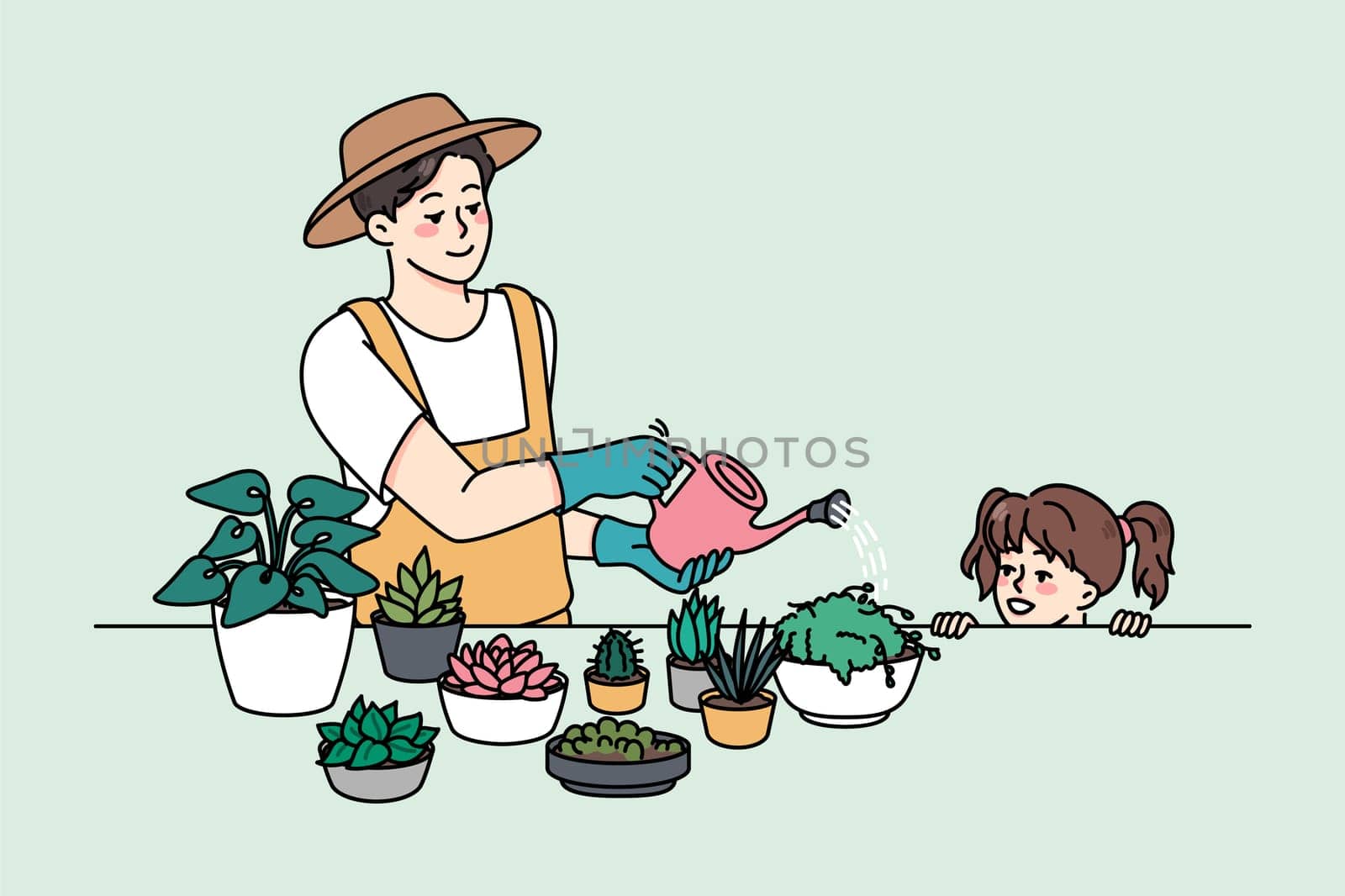Young father gardener with small daughter enjoy watering plants at home. Smiling dad and little girl child do gardening and household chores together. Vector illustration.