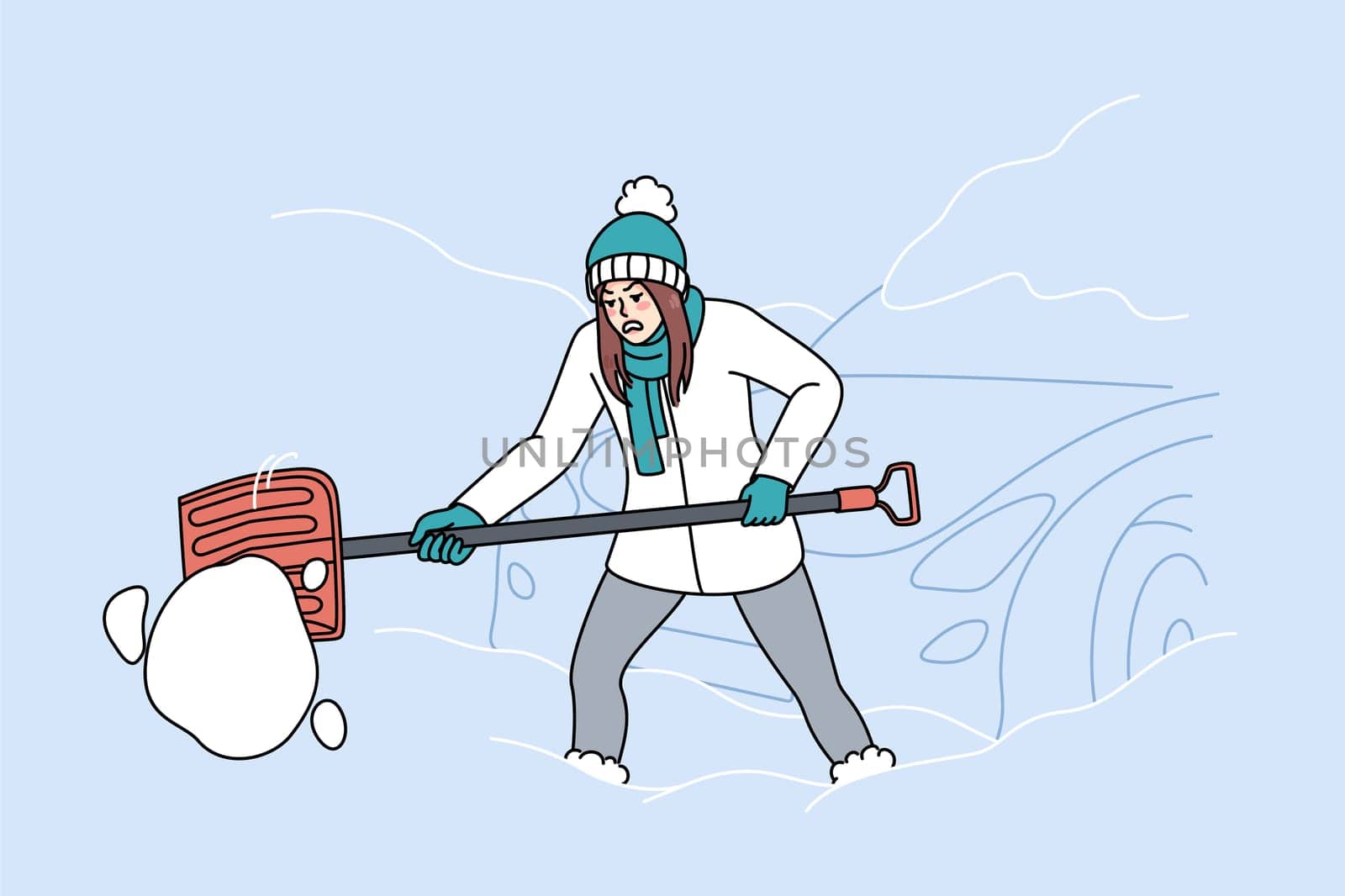 Unhappy tired woman with shovel dig out car from snow on winter morning. Mad female clean automobile covered with snow after blizzard. Stormy weather condition. Vector illustration.