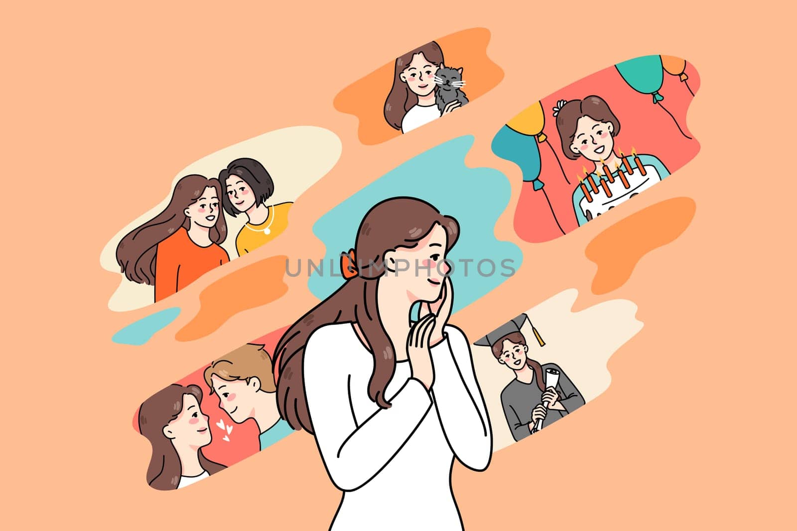 Young woman feel nostalgic remembering different scenes from life. Happy girl memory with positive and negative events. Nostalgia and recollection. Vector illustration.