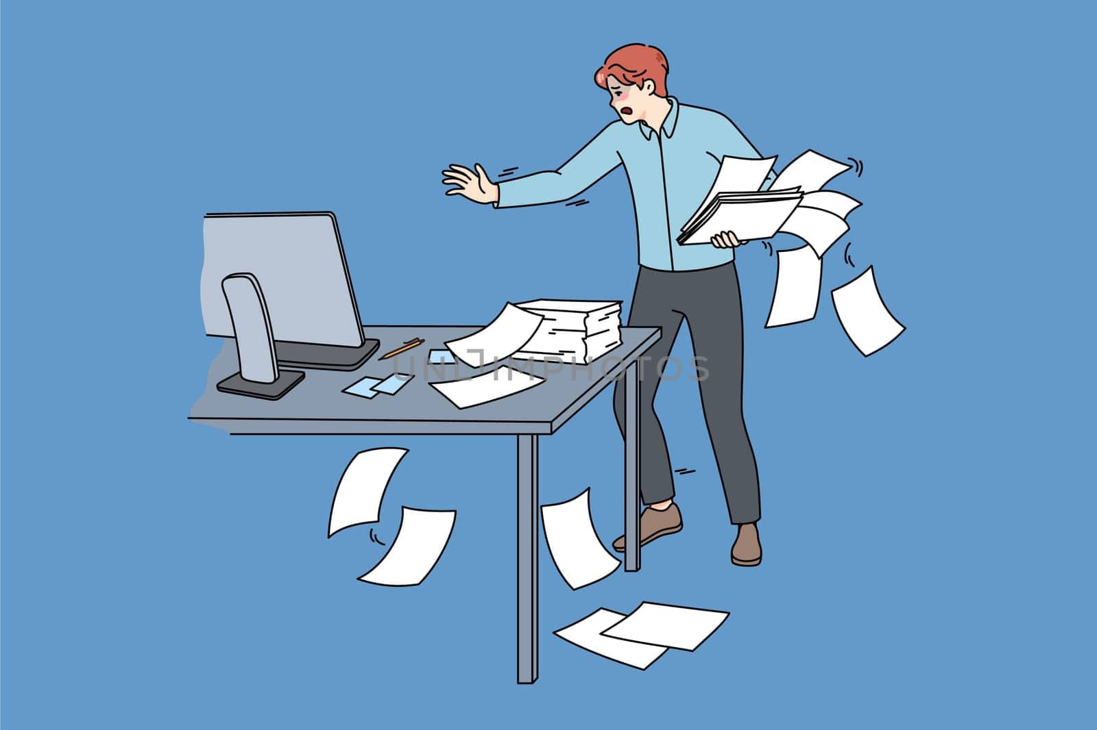 Clumsy employee collect scattered paperwork in office. Awkward tired male worker manage paper documents at workplace. Mess and chaos at work. Flat vector illustration.