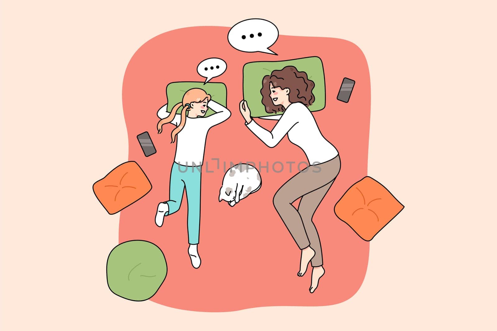 Happy loving young mother and teen daughter lying on bed at home chatting and talking. Concept of good parent child relationships. Mom and teenager have close relations. Vector illustration.