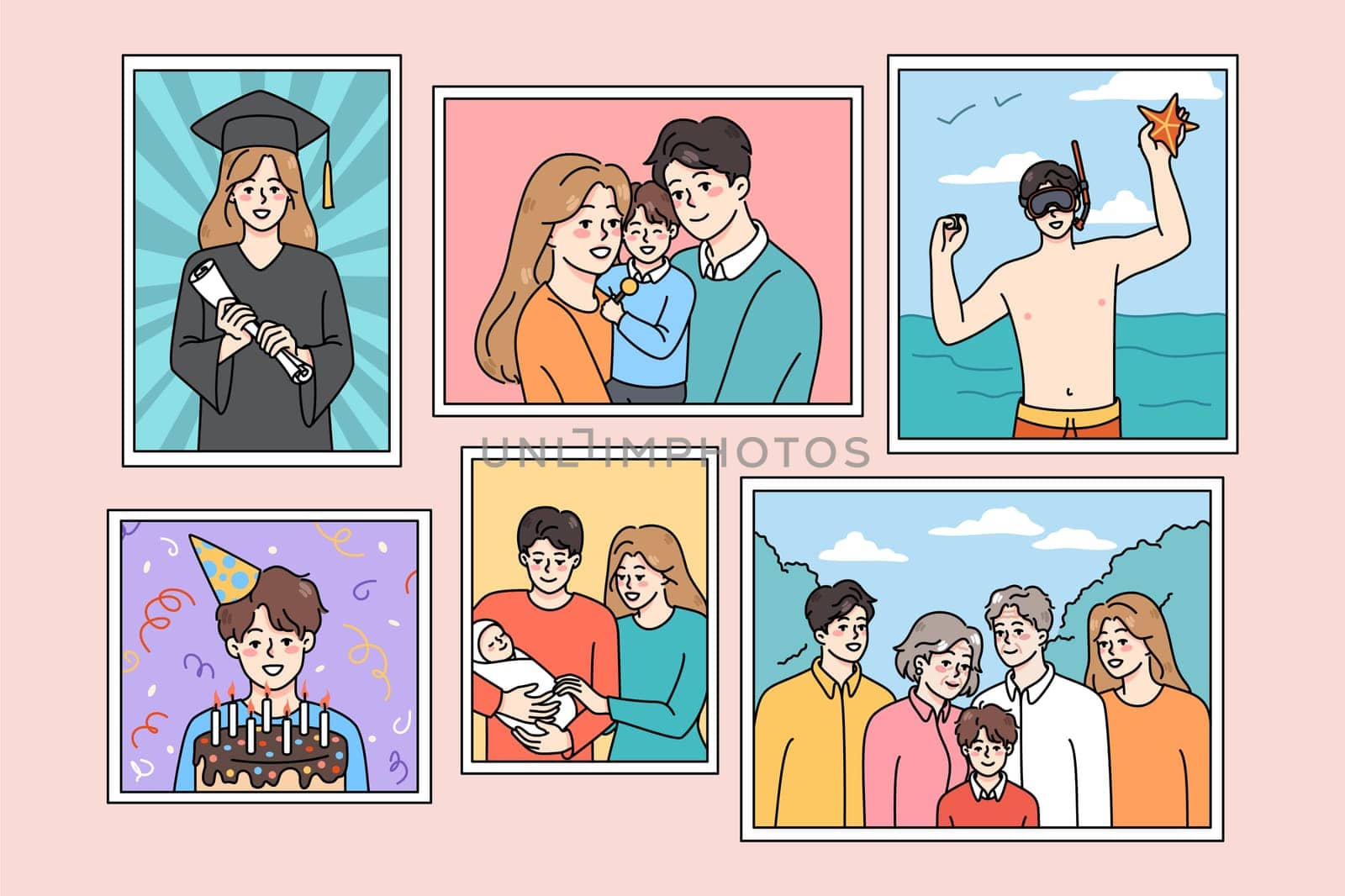 Set of family pictures in frames hanging on wall. Collection of photographs of parents and children during important memorable life moments. Memory in photo. Vector illustration.
