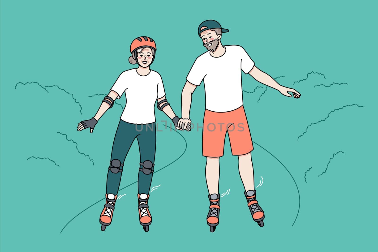 Happy mature couple have fun on roller blades on weekend in park. Overjoyed active energetic elderly man and woman ride rollers enjoy happy maturity together. Vector illustration.