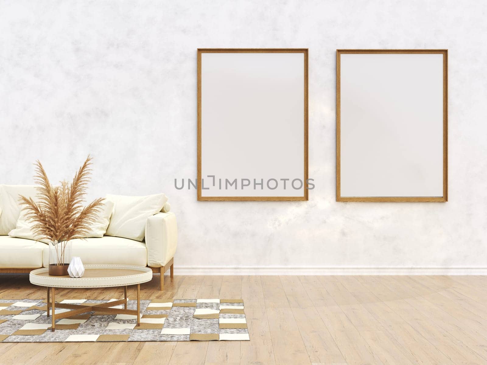 Mock up poster frames with patchwork carpet in modern interior background 3D render 3D illustration
